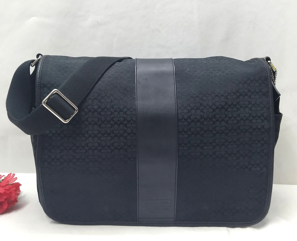 Coach Signature Black Canvas Leather Trim Messenger Laptop Crossbody Bag